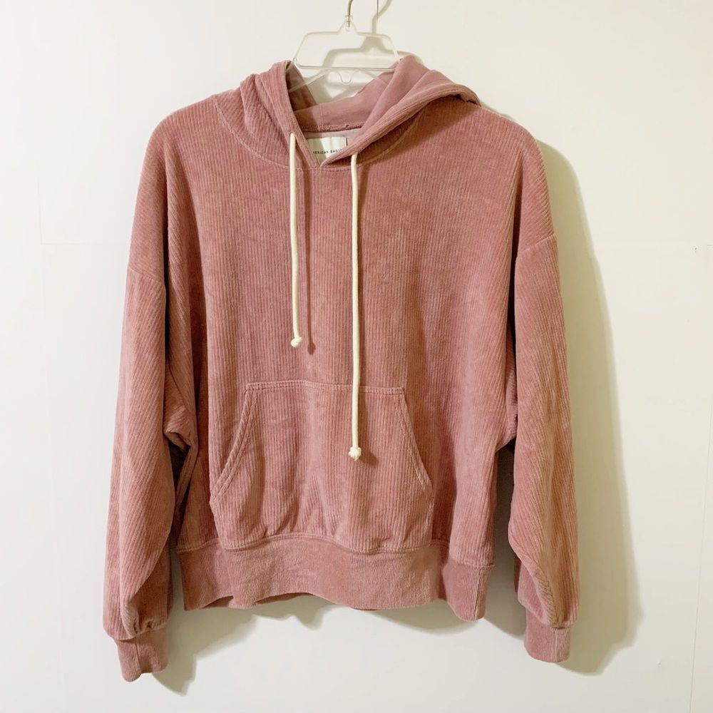 American Eagle Size S Pink Ribbed Pullover Hoodie Drawstring